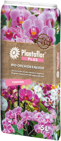 Produktbild von Plantaflor Bio Orchideenerde torfreduziert 5l mit Abbildungen von blühenden Orchideen und Informationen zum Bio-Produkt in mehreren Sprachen.