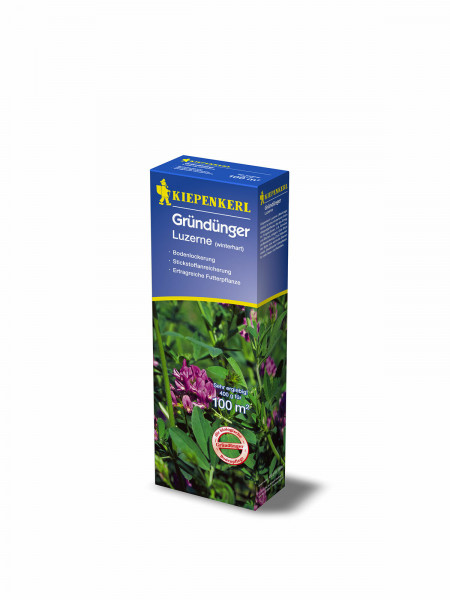 Produktbild von Kiepenkerl Luzerne Gründüngung 0, 4, kg Verpackung mit Angaben zur Bodenlockerung und Stickstoffanreicherung sowie Hinweis auf die Ergiebigkeit für 100 Quadratmeter.