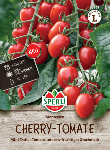 Produktbild von Sperli Cherrytomate Monterrey F1 mit reifen roten Tomaten an der Pflanze und einem Etikett das Neu, resistent, süße Naschtomate und Gewichtsangabe zeigt sowie das Sperli Logo und Produktnamen auf holzähnlichem Hintergrund.