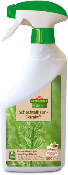 Produktbild von Florissa Schachtelhalm Extrakt AF in einer 500ml Sprühflasche mit Hinweisen zur Anwendung als Pflanzenstärkung für pilzanfällige Pflanzen und Produktinformationen in deutscher Sprache.