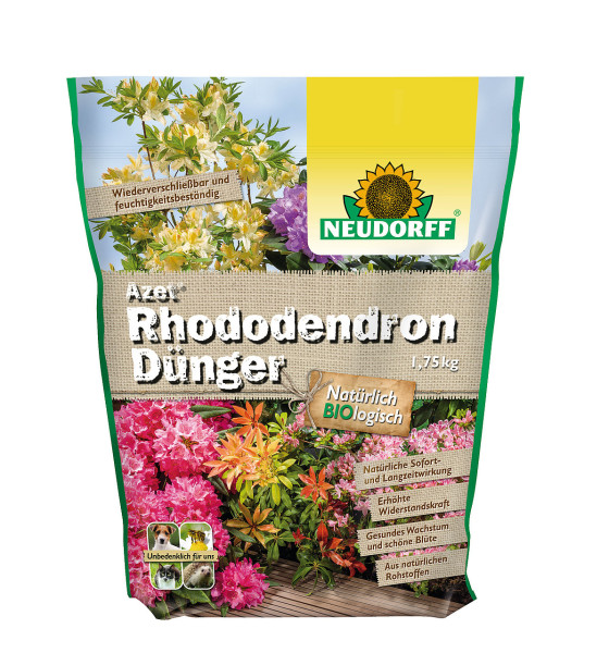 Produktbild von Neudorff Azet RhododendronDünger in einer 1, 75, kg Verpackung mit Abbildungen von blühenden Rhododendren und Produktvorteilen auf Deutsch.