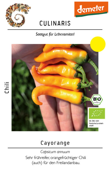 Produktbild von Culinaris BIO Chili Cayorange Saatgutverpackung mit Bildern von orangefarbenen Chilischoten und demeter sowie EU-Bio-Logo.