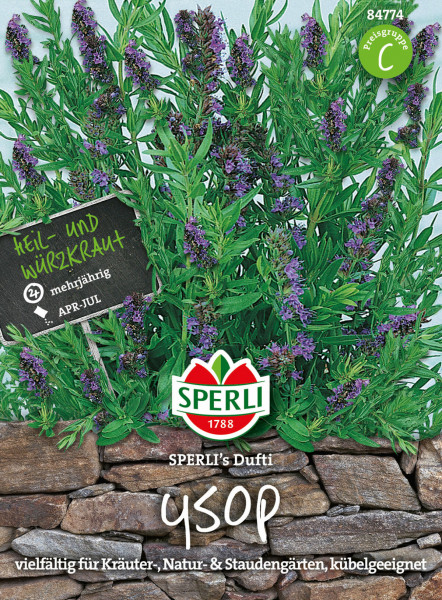 Produktbild von SPERLI Ysop mit dem Titel SPERLIs Dufti, zeigt blühende Ysop-Pflanzen mit Preisgruppenkennzeichnung und Informationen zu Mehrjährigkeit und Aussaatzeitraum.