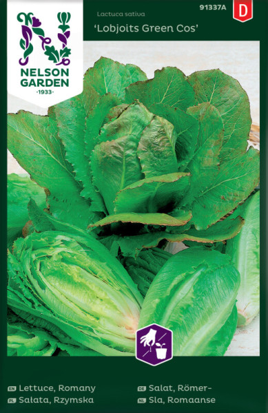 Produktbild von Nelson Garden Römersalat Lobjoits Green Cos mit grünen Salatköpfen und Verpackungsinformationen in mehreren Sprachen.