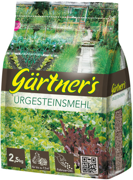 Produktbild des Gaertners Urgesteinsmehl in einer 2, 5, kg Packung mit Gartenszenen und Produktinformationen.
