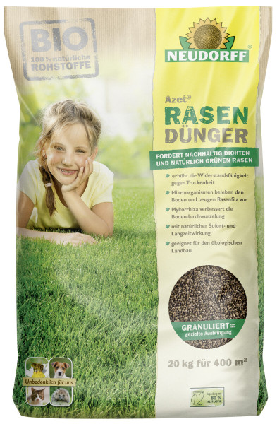 Produktbild von Neudorff Azet RasenDünger in 20kg Verpackung mit BIO-Siegel, Informationen zur Rasenpflege, einem lächelnden Mädchen auf einer grünen Wiese und Symbolen, die die Unbedenklichkeit für Haustiere anzeigen.