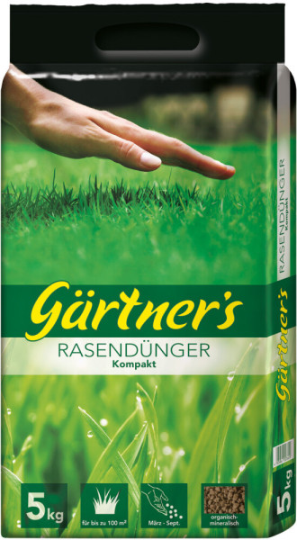 Produktbild von Gaertners Rasenduenger Kompakt 5kg mit Informationen zum Produktgewicht der Anwendungszeit von Maerz bis September fuer bis zu 100 m² und organisch-mineralischen Inhaltsstoffen auf deutsch.