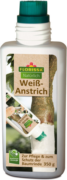 Produktbild von Florissa Natürlich Weißanstrich 350g Flasche zur Pflege und zum Schutz der Baumrinde mit Markenlogo und Anwendungsbeispiel.