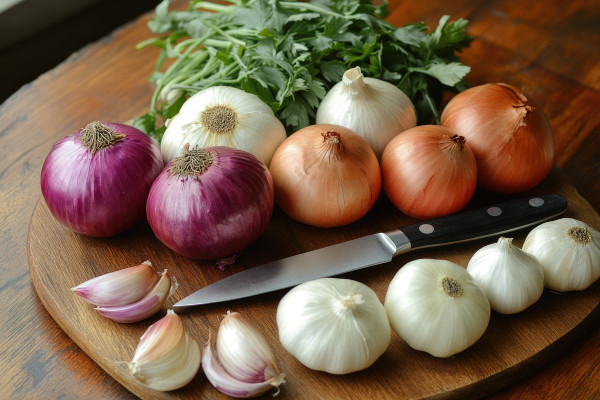 large-chef-preparing-onions-and-garlic-with-parsley-and-knife-on-cutting-board