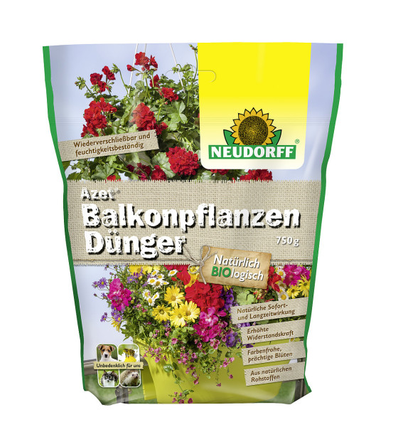Produktbild von Neudorff Azet BalkonpflanzenDünger in einer 750g Verpackung mit verschiedenen Balkonpflanzen und Produktinformationen in deutscher Sprache