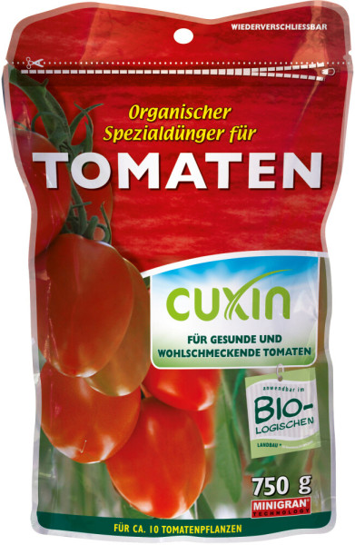 Produktbild von Cuxin DCM Spezialdünger für Tomaten Minigran 750g mit mehreren Tomaten und Produktinformationen in deutscher Sprache auf der Verpackung.