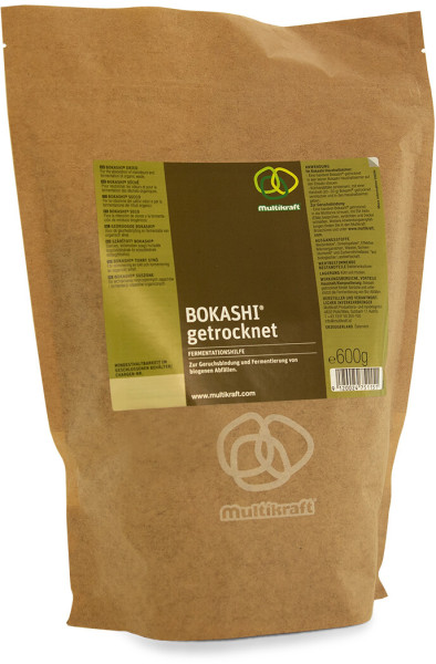 Produktbild von Multikraft Bokashi getrocknet 600g Verpackung mit Produktinformationen und Anwendungshinweisen auf einem Etikett in deutscher Sprache.