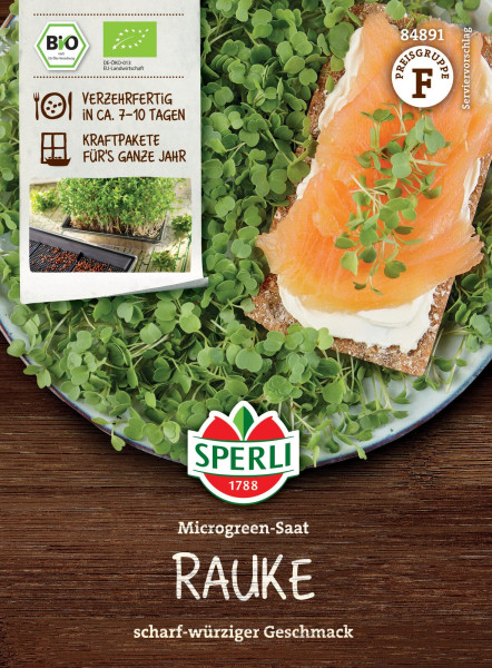 Produktbild von Sperli BIO Microgreen-Saat Rauke mit Abbildungen von Keimlingen und einem belegten Brot garniert mit Microgreens sowie Produktinformationen und Logo auf deutscher Sprache.