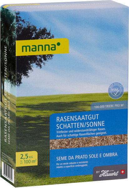 Produktbild von MANNA Sonnen- und Schattenrasen 2, 5, kg Verpackung mit Produktinformationen und Rasenbild im Hintergrund.