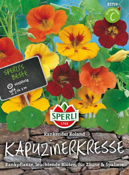 Produktbild von Sperli Kapuzinerkresse Rankender Roland mit bunten Blumen und Verpackungsinformationen auf Deutsch.
