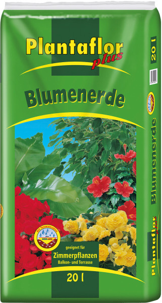 Produktbild von Plantaflor Blumenerde 20l Verpackung mit der Aufschrift geeignet für Zimmerpflanzen Balkon- und Terrasse und bildlichen Darstellungen von Pflanzen.