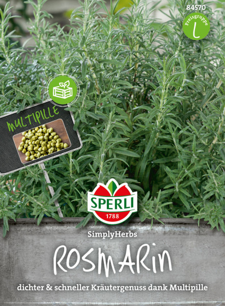 Produktbild von Sperli Rosmarin SimplyHerbs mit dichten grünen Pflanzen und Verpackungshinweisen für schnell wachsenden Kräutergenuss durch Multipille in deutscher Sprache.