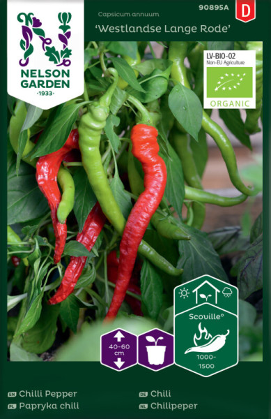 Produktbild von Nelson Garden BIO Chili Westlandse Lange Rode mit reifen roten und grünen Schoten an der Pflanze und Produktinformationen wie biologisches Siegel und Schärfegrad.