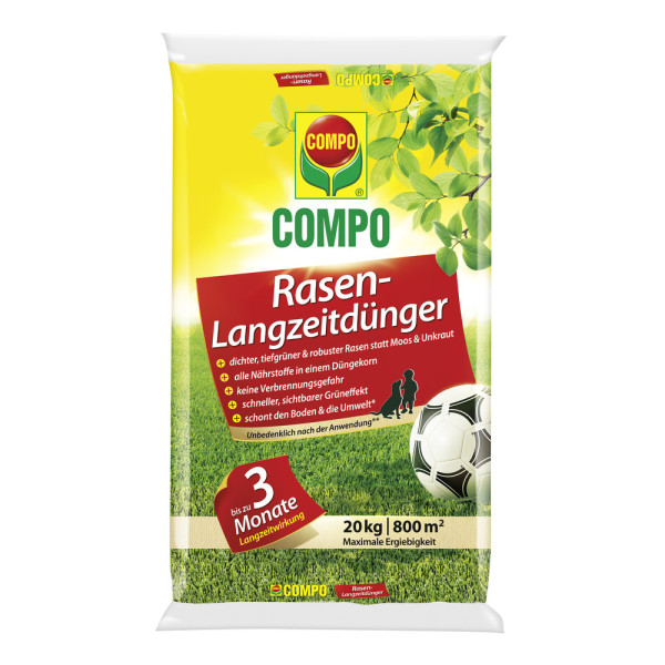 Produktbild von COMPO Rasen-Langzeitdünger in einer 20kg Verpackung mit Informationen zur Anwendung und Wirkungsdauer für dichten und robusten Rasen.