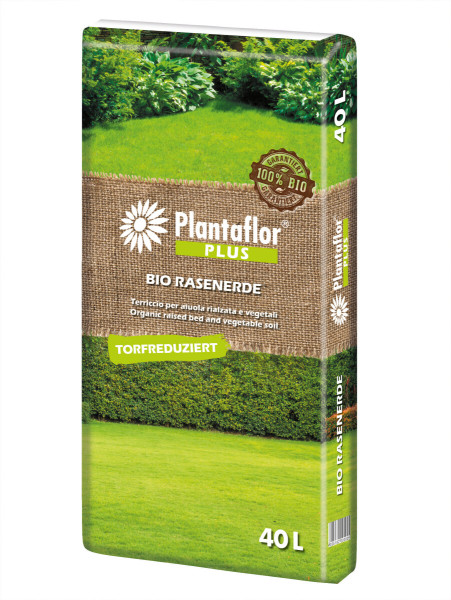 Produktbild von Plantaflor Bio Rasenerde torfreduziert 40 Liter Verpackung mit der Angabe 100 Prozent BIO und Siegel für torfreduzierte Erde.