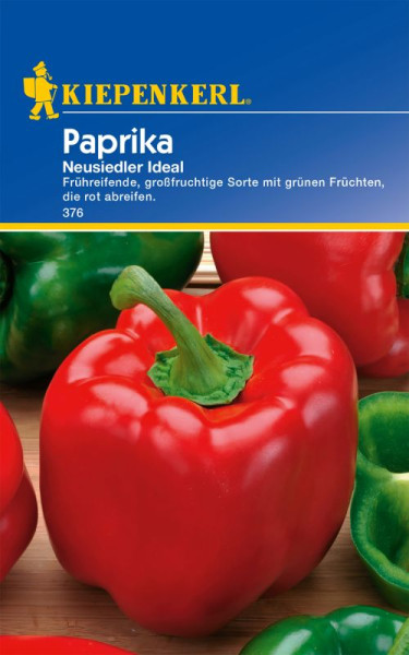 Produktbild von Kiepenkerl Paprika Neusiedler Ideal mit Abbildung einer roten Paprika und mehreren grünen Paprikas im Hintergrund samt Markenlogo und Produktnamen