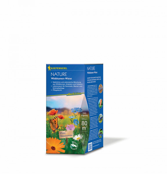 Produktbild von Kiepenkerl Profi-Line Nature Wildblumen-Wiese 0, 5, kg Verpackung mit Bildern von Blumen und Informationen zu Aussaat und Pflege in deutscher Sprache.