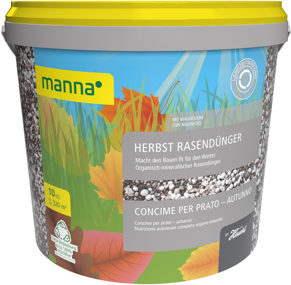 Produktbild von MANNA Herbstrasenduenger 10kg mit Darstellung des Eimers und Informationen zu Inhaltsstoffen und Anwendungshinweisen in deutscher und italienischer Sprache