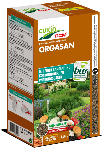 Produktbild von Cuxin DCM Orgasan Organischer Volldünger Minigran in einer 1, 5, kg Streuschachtel mit Beschreibungen und Anwendungshinweisen.