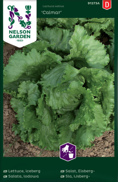 Produktbild von Nelson Garden Eisberg-Salat Calmar mit Bild der Salatpflanzen und Verpackungsinformationen in mehreren Sprachen einschließlich Deutsch.
