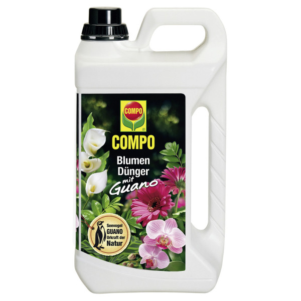 Produktbild von COMPO Blumendünger mit Guano in einer 5 Liter weißen Kunststoffflasche mit Firmenlogo und Abbildungen verschiedener Blumen.