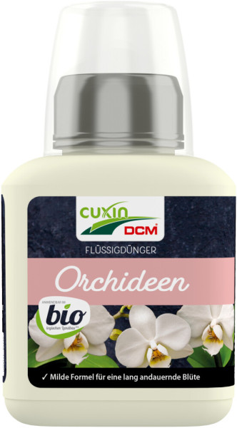 Produktbild von Cuxin DCM Flüssigdünger für Orchideen BIO in einer 0, 25, l Flasche mit Abbildung weißer Orchideen und Produktinformationen auf deutsch