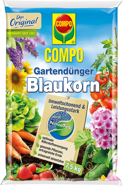 Produktbild von COMPO Blaukorn Nova Tec Gartendünger in einer 7, 5, kg Verpackung mit verschiedenen Pflanzen und Früchten sowie Hinweisen auf umweltschonende und leistungsstarke Wirkung.