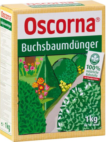 Produktbild von Oscorna-Buchsbaumdünger in einer 1kg-Packung mit der Aufschrift 100 Prozent natürliche Rohstoffe und Angaben zur Flächenabdeckung.