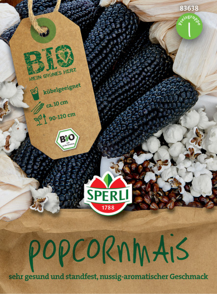 Produktbild von Sperli BIO Popkornmais mit Maiskolben und aufgeplatztem Popcorn Anweisungen zur Aussaat und Produktinformationen in deutscher Sprache auf der Verpackung.
