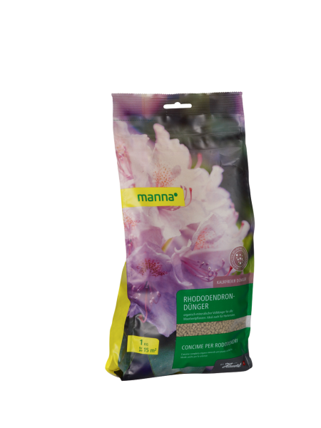 Produktbild von MANNA Rhododendrondünger Verpackung mit Abbildung von blühenden Rhododendron und Produktinformationen 1kg.