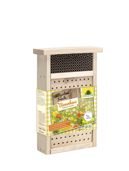 Produktbild von Neudorff Wildgaertner Freude Bienenhaus Banderole mit Informationen auf gelb-gruener Etikettierung und Darstellung des Insektenhotels aus Holz.