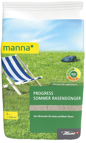 Produktbild des MANNA Progress Sommer Rasenduengers 5kg mit Angaben wie für Haustiere unbedenklich und Informationen zur Rasenpflege