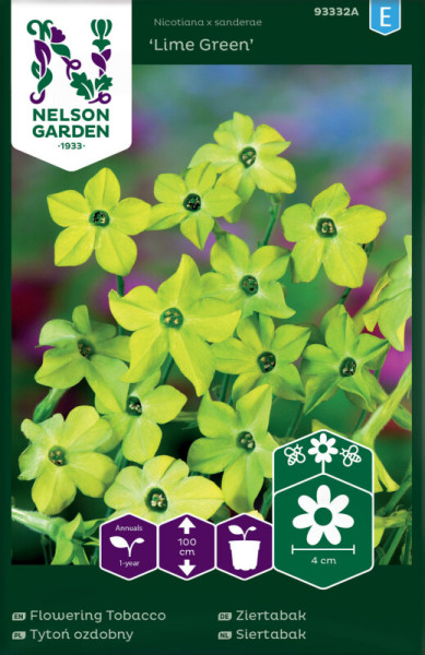 Produktbild von Nelson Garden Ziertabak Lime Green mit blühenden Pflanzen und Verpackungsinformationen in verschiedenen Sprachen.