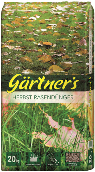 Produktbild von Gaertners Herbstrasenduenger 20kg mit Herbstlaub und gruenem Rasen auf der Verpackung sowie Hinweisen zur Anwendung und Produktmerkmalen.