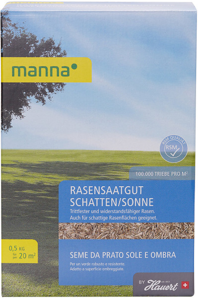 Produktbild von MANNA Sonnen- und Schattenrasen 1kg mit Angaben zur Rasenqualität und Informationen für eine Rasenfläche von 20 Quadratmetern, RSM Qualitätssiegel sowie zusätzlichen Informationen in italienischer Sprache.