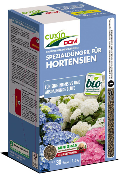 Produktbild von Cuxin DCM Spezialdünger für Hortensien Minigran in einer 1, 5, kg Streuschachtel mit Hinweisen auf organisch-mineralischen Inhalt und Anwendungsgebieten.