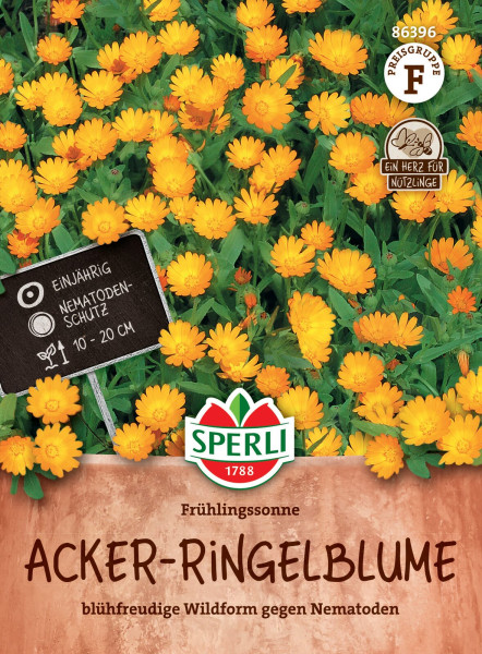 Produktbild von Sperli Acker-Ringelblume Fruehlingssonne mit blühenden gelben Blumen und Informationen zum einjährigen Nematodenschutz auf einem Preisschild.
