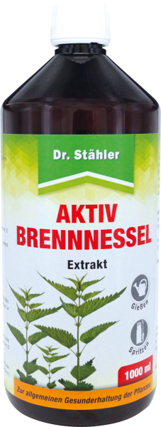 Produktbild von Dr Stähler Aktiv Brennnessel Extrakt in einer 1000ml Flasche mit Anwendungshinweisen und Illustrationen von Brennnesselpflanzen.