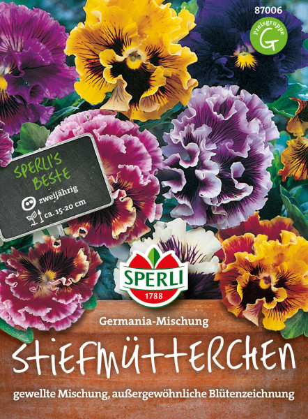 Produktbild von Sperli Stiefmütterchen Germania-Mischung mit bunten Blüten und Verpackungsinformationen.