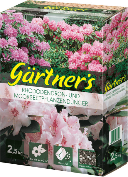 Produktbild von Gaertners Rhododendron und Moorbeetpflanzenduenger 2.5kg mit Abbildungen von blühenden Rhododendren und Verpackungsinformationen wie Anwendungszeitraum und Inhalt.