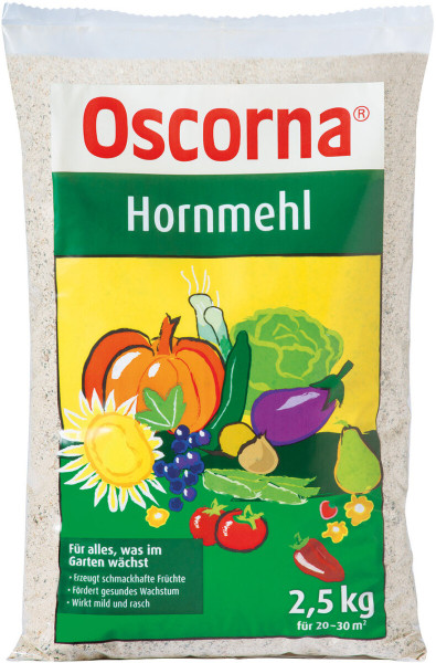 Produktbild von Oscorna-Hornmehl in einer 2, 5, kg Packung mit Abbildungen verschiedener Gemüsesorten und Angaben zu den Vorteilen für den Garten.