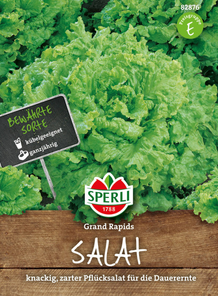 Produktbild von Sperli Salat Grand Rapids mit Darstellung von grünem Blattsalat und Informationen zu Sorteneigenschaften sowie Logo und Markenbezeichnung auf Deutsch