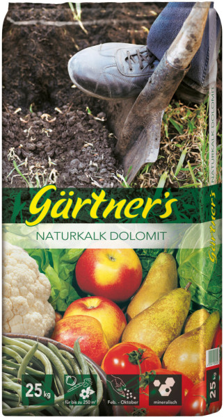 Produktbild von Gärtners Naturkalk Dolomit 25 kg mit Abbildungen von Obst und Gemüse sowie einer Anleitung zur Verwendung im Garten auf Deutsch.