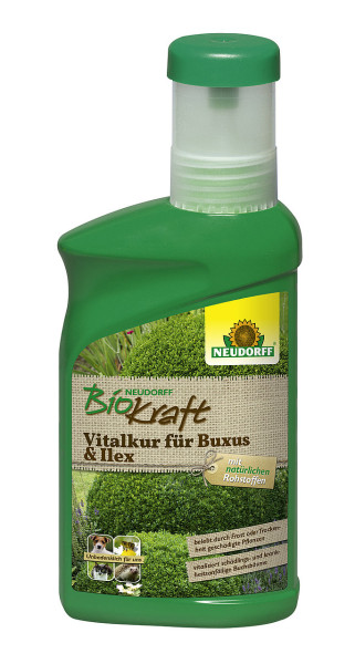 Produktbild von Neudorff BioKraft Vitalkur für Buxus und Ilex 300ml Flasche mit Etikett zur Vitalisierung von Pflanzen und Informationen zu natürlichen Rohstoffen auf Deutsch