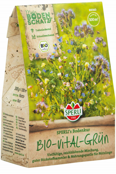 Produktbild von SPERLI Bodenkur BIO-Vital-Grün 0, 3, kg mit vielfältiger Blumenmischung und Hinweisen zur Anwendung und biologischen Vorteilen auf der Verpackung.